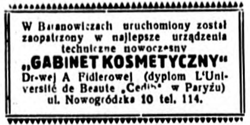 Рэклама новага сучаснага касметычнага кабінета ў Баранавічах. Kurier Nowogródzki 20-3-1932