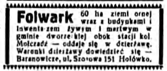 Абвестка аб продажы фальварку (60 га) каля станцыі Моўчадзь. 3 красавіка 1932, Kurjer Nowogródzki Baranowicze Molczadz